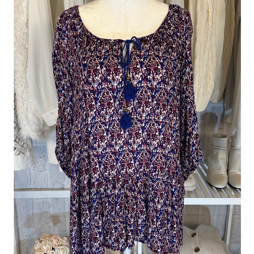XXI Los Angeles Women's Size S Blue/Purple Floral Tie Neck Boho Blouse #0328